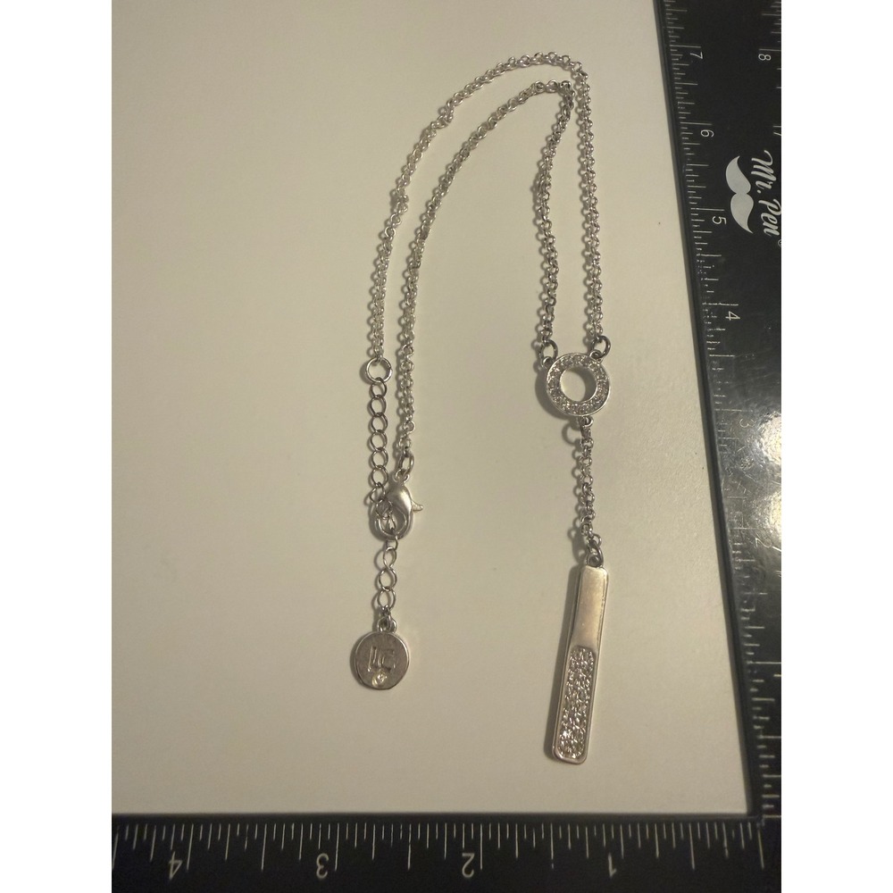 Liz Claiborne Silver Tone Pave Circle and Bar‎ Lariat Drop Necklace LC Logo Tag